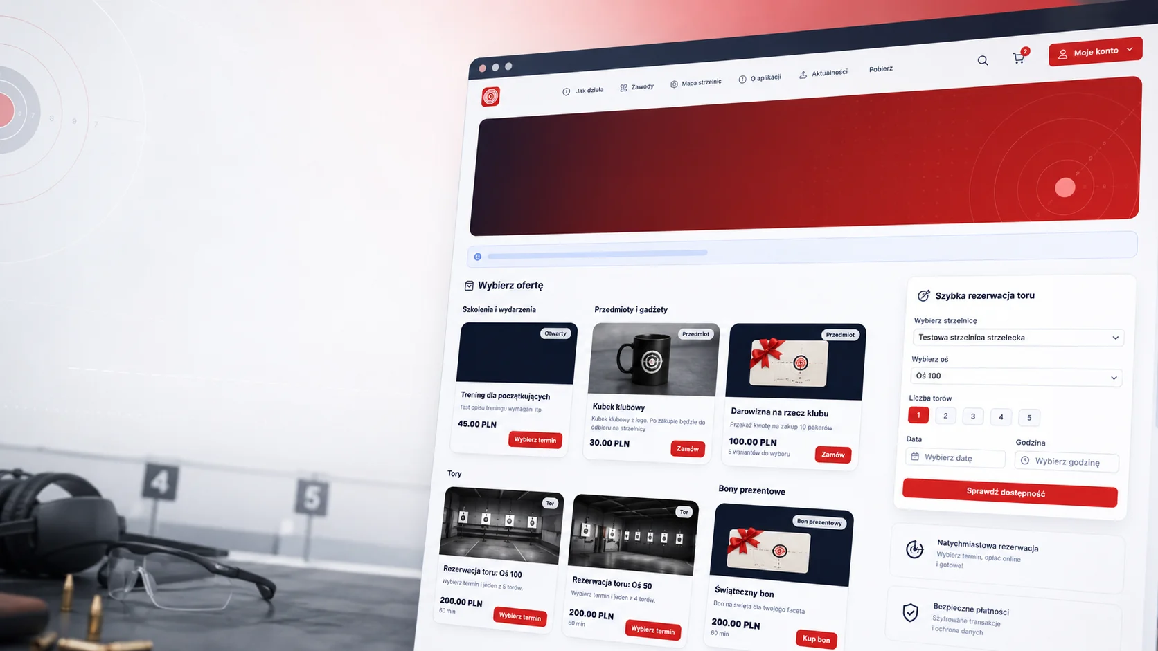 Sklep online dla strzelnicy — rezerwacje torów, osi, szkoleń i wydarzeń | StrzelApp