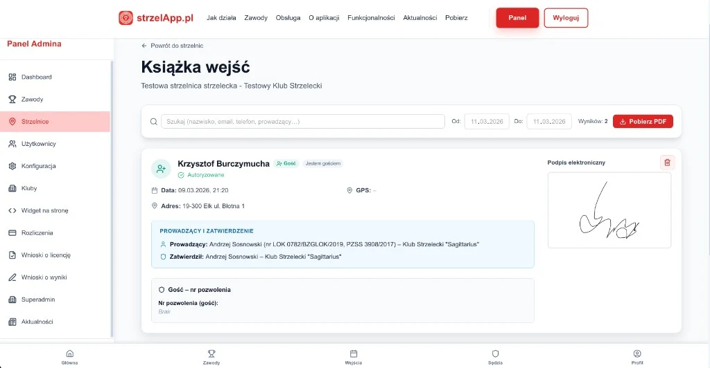 Panel klubu – książka wejść, lista wpisów z wyszukiwaniem i filtrami dat