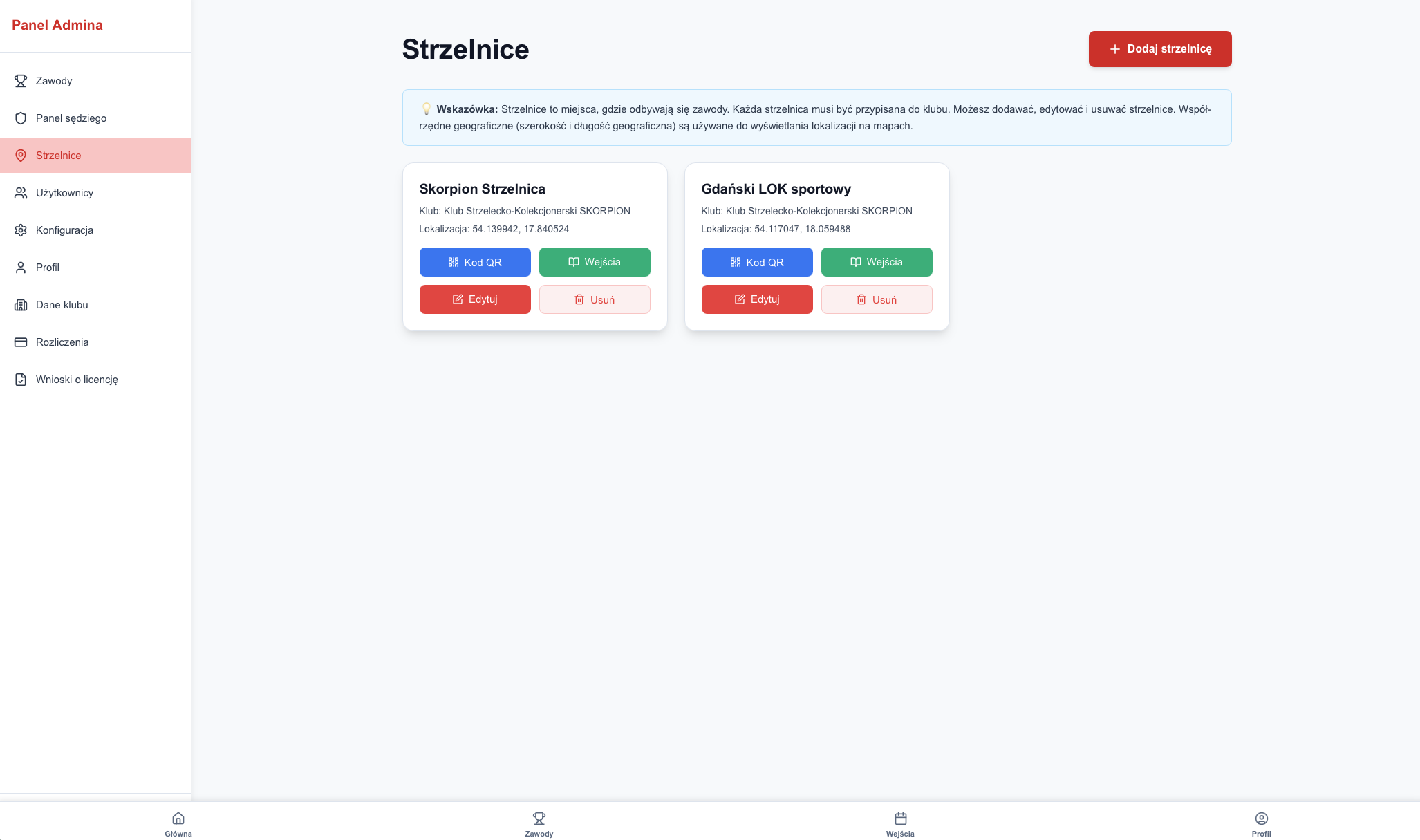 Panel klubu - strzelnice oraz wejścia (kod QR i historia)