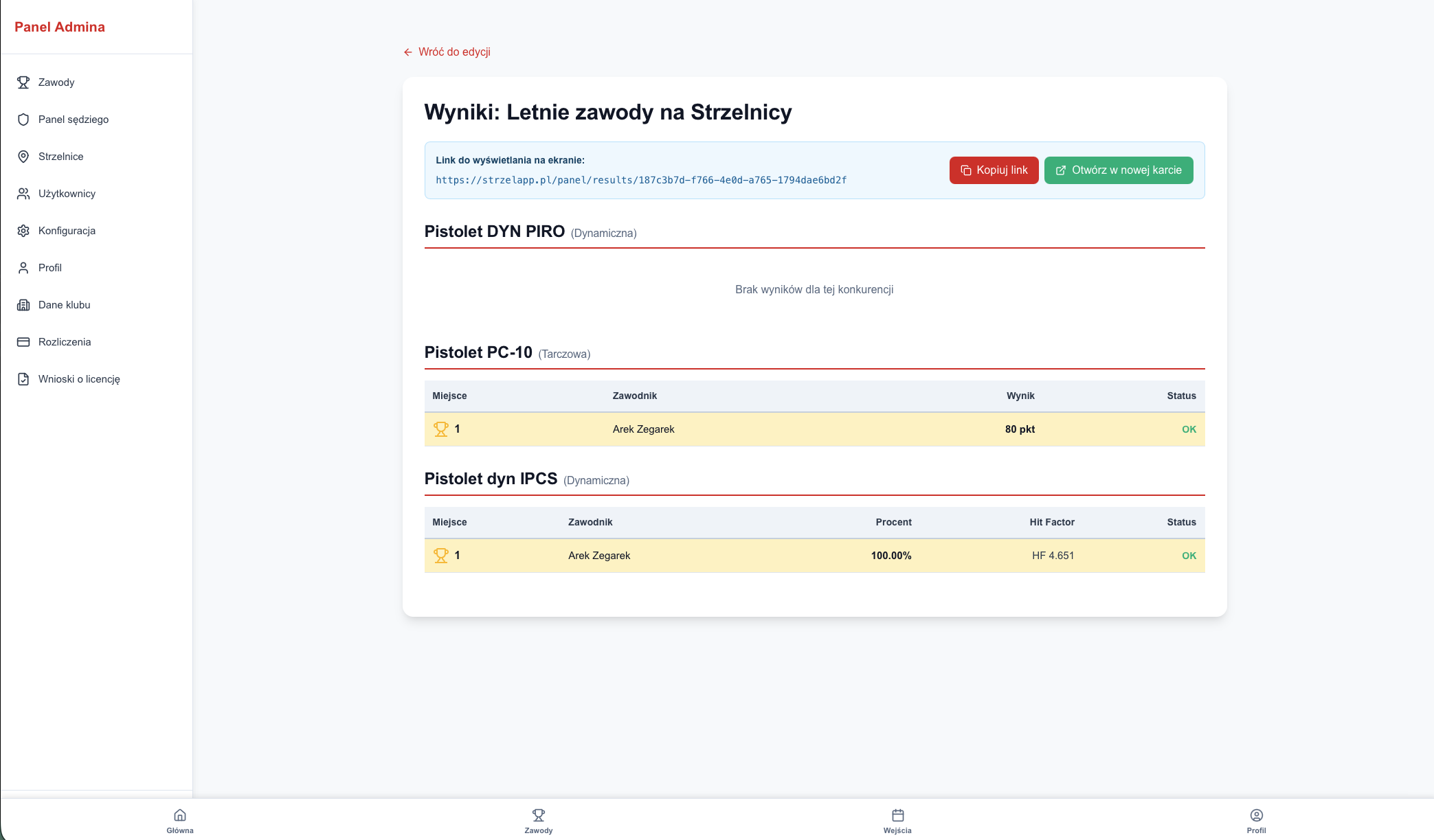 Panel klubu - wyniki zawodów (podgląd i link)