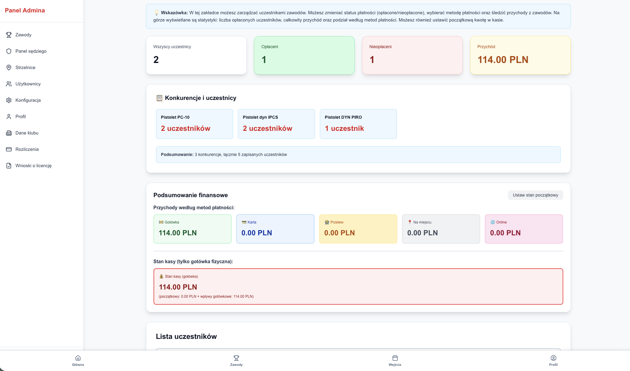 Panel klubu - zapisy na zawody i rozliczenia uczestników