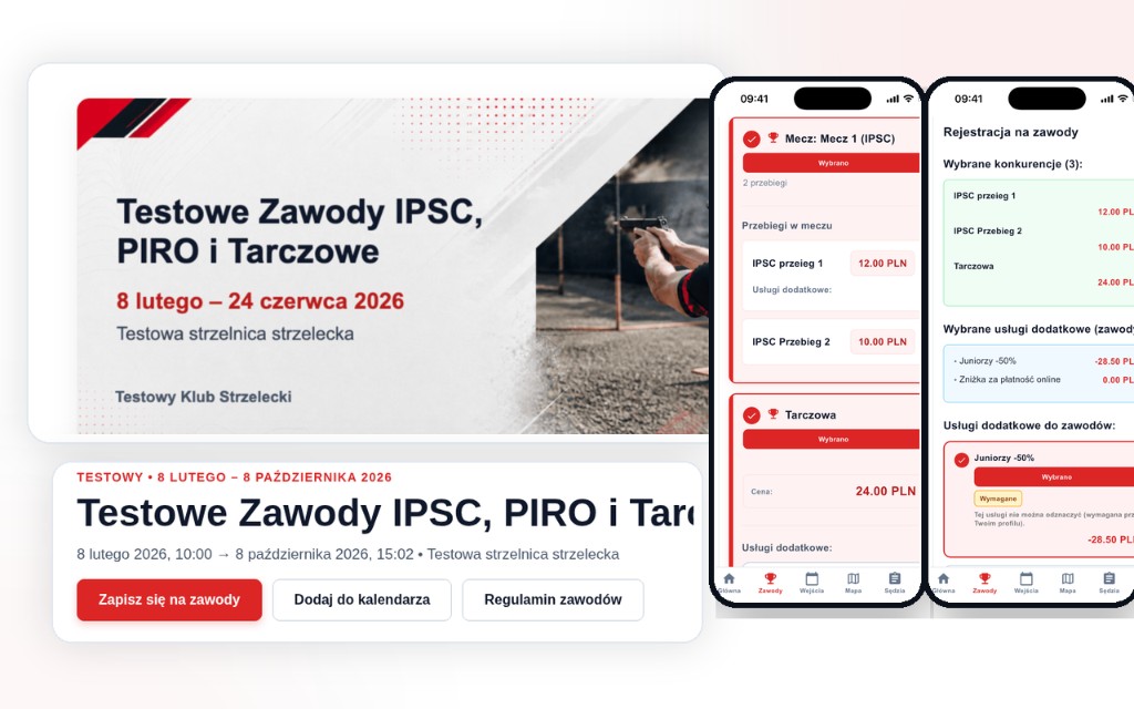 Strona zawodów, zapis online i wybór konkurencji w aplikacji StrzelApp