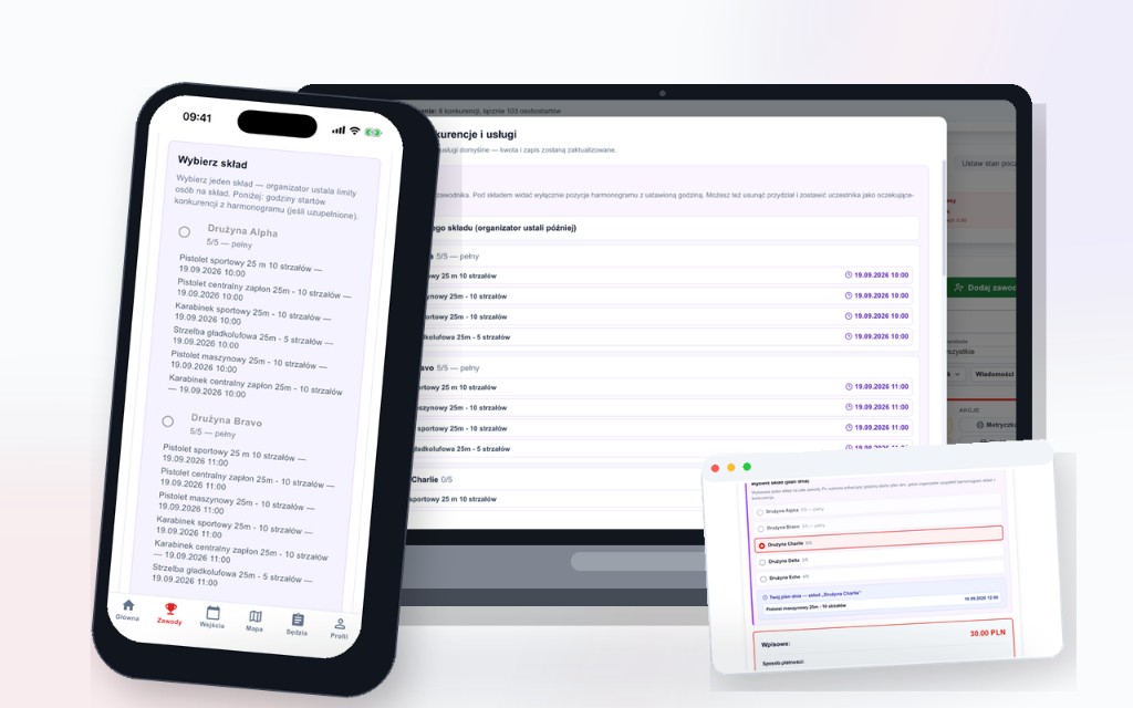Wybór składu i godziny startu — aplikacja mobilna i panel organizatora