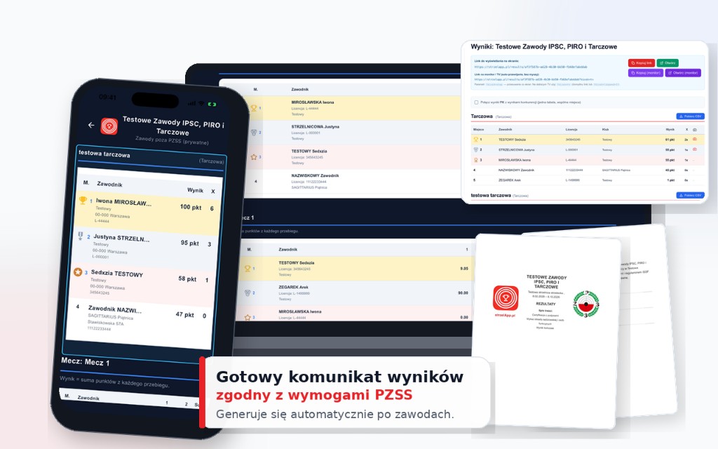 Wyniki w aplikacji, panelu klubu i komunikat PZSS — publikacja online i dokument po zawodach
