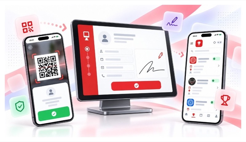 Książka wejść: monitor z formularzem i podpisem oraz telefony z QR i listą