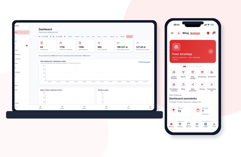 Dashboard panelu klubu na laptopie i aplikacja mobilna