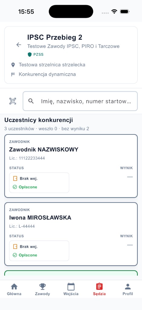Panel sędziego w aplikacji mobilnej