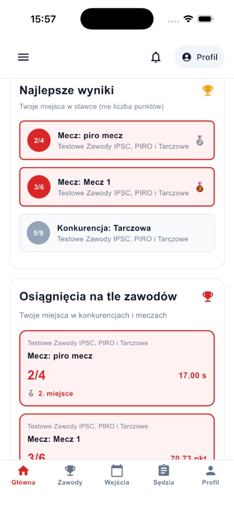Widok mobilny zawodnika z wynikami i aktywnością