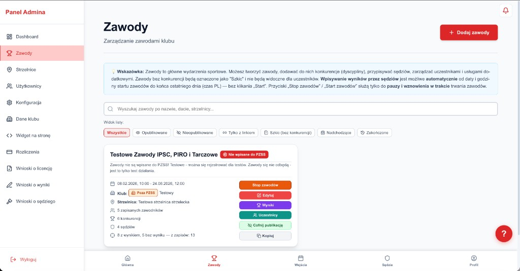Panel klubu testowego z modułem zawodów