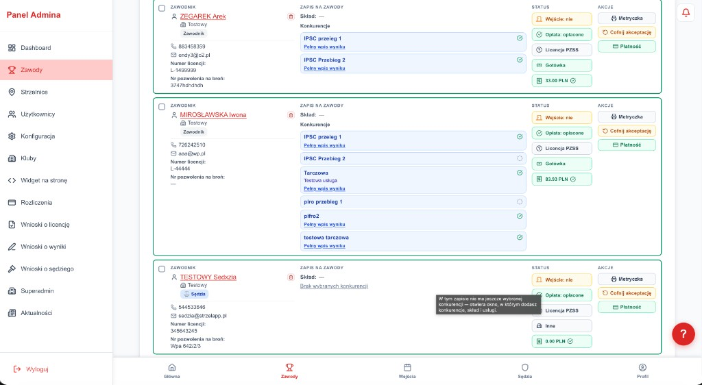 Książka wejść i obsługa gości w panelu klubu testowego