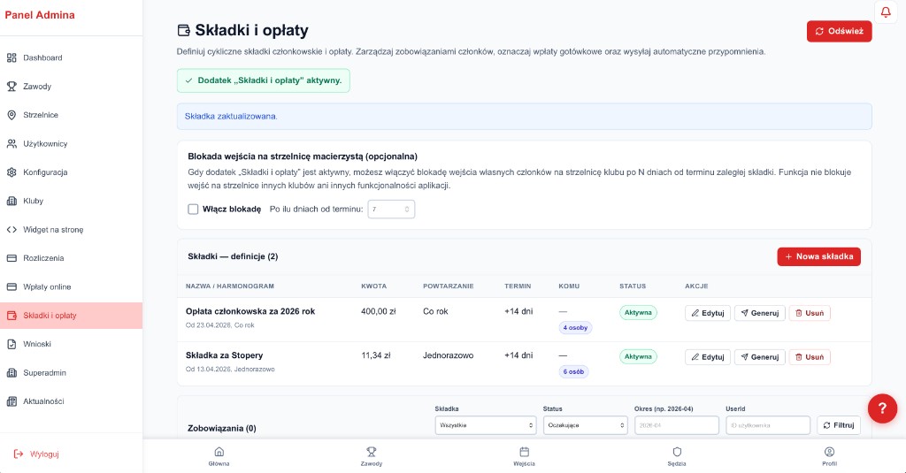 Konfiguracja składek i blokady wejścia w panelu klubu