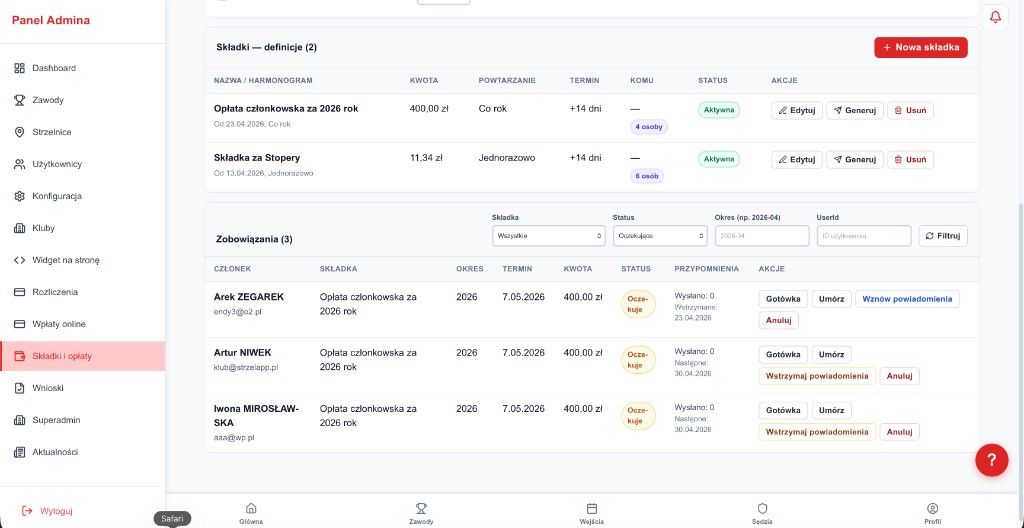Panel klubu - składki, zobowiązania i akcje przypomnień