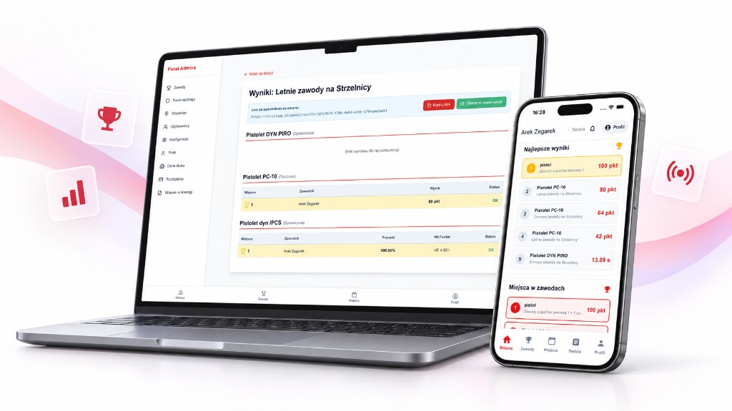 Panel wyników w przeglądarce i lista wyników w aplikacji StrzelApp