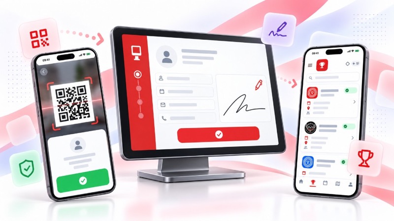 Kiosk wejścia gościa: skan QR, dane i podpis elektroniczny